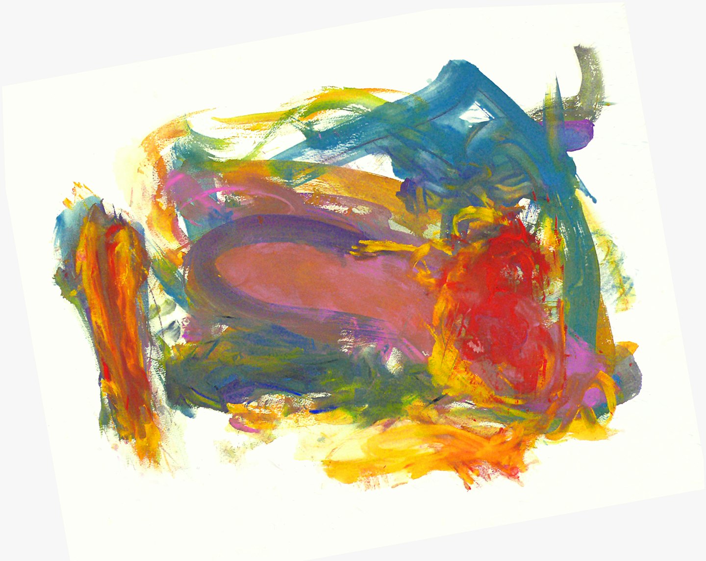 Pittura astratta con pennellate spesse e colorate su sfondo bianco.